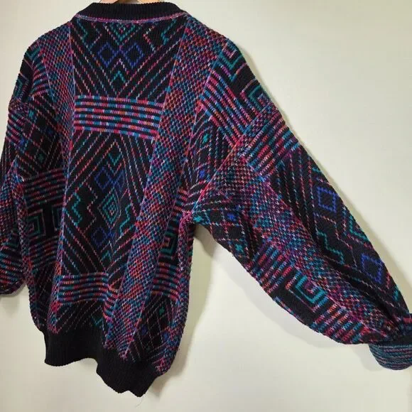 VINTAGE MULTICOLOR GEOMETRIC PATTERN CREW NECK PULLOVER SWEATER MEDIUM - Picture 10 of 13